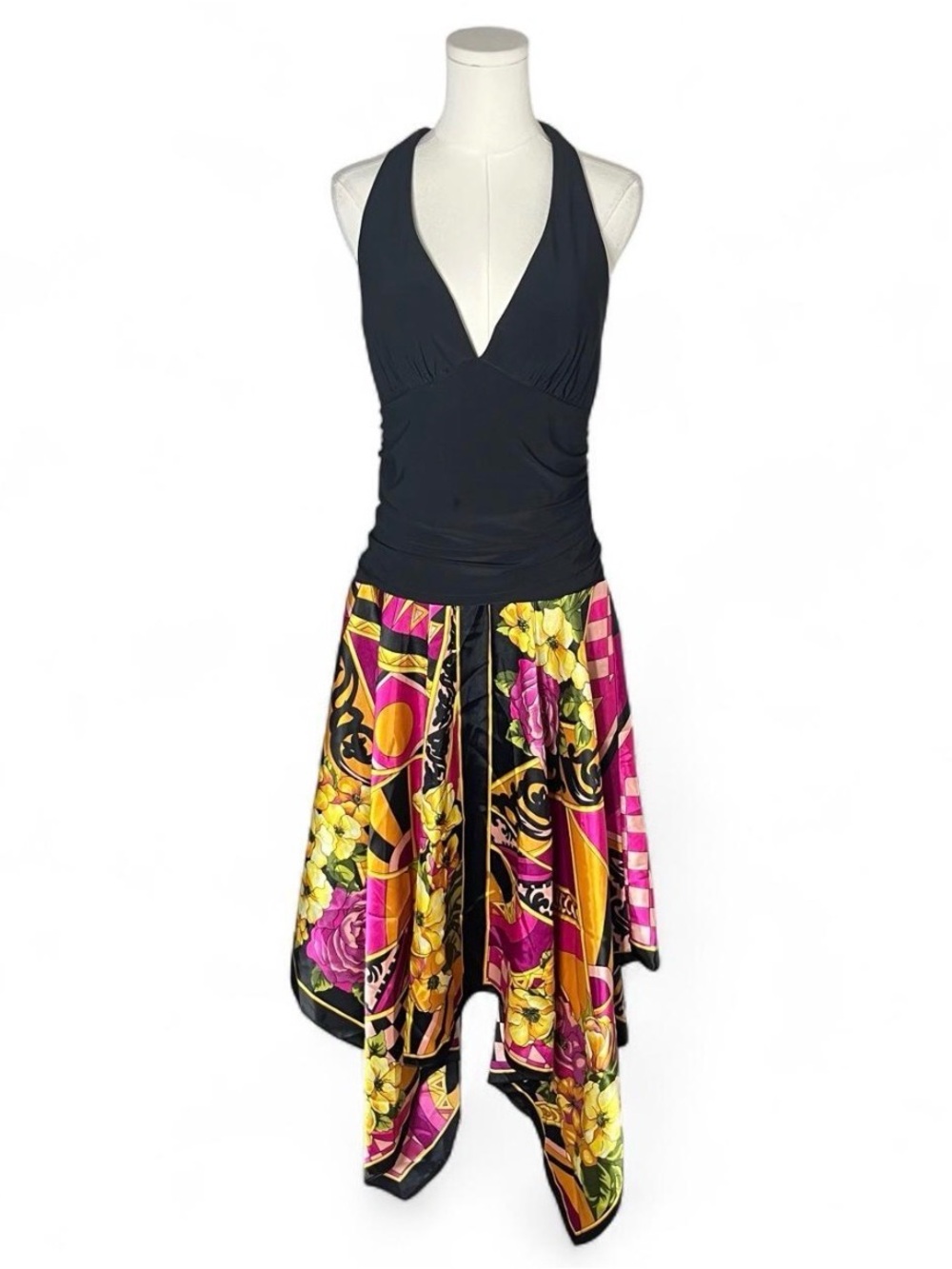 Vintage Betsey & Adam V Neck Halter Drop Waist Handkerchief Scarf Dress